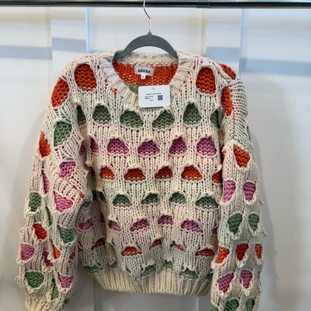ADORA Women's Knit Sweater with Cream, Pink, and Green Accents